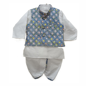 Little boy wearing traditional white kurta pyjama with multicolor printed Nehru jacket – festive ethnic wear for boys