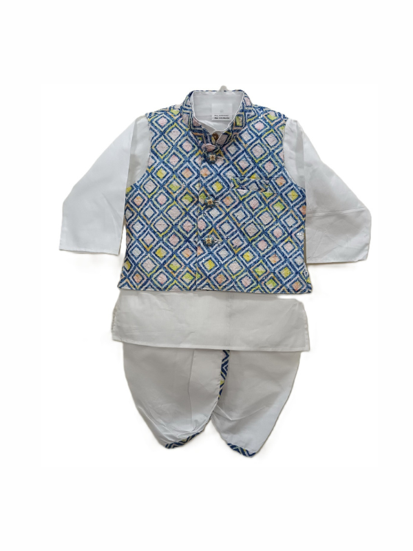 Boys Cotton Kurta Pyjama Set with Printed Nehru Jacket