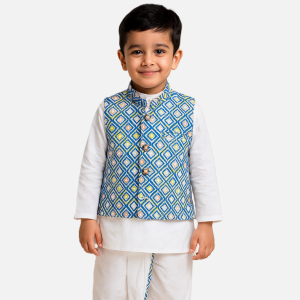 Little boy wearing traditional white kurta pyjama with multicolor printed Nehru jacket – festive ethnic wear for boys