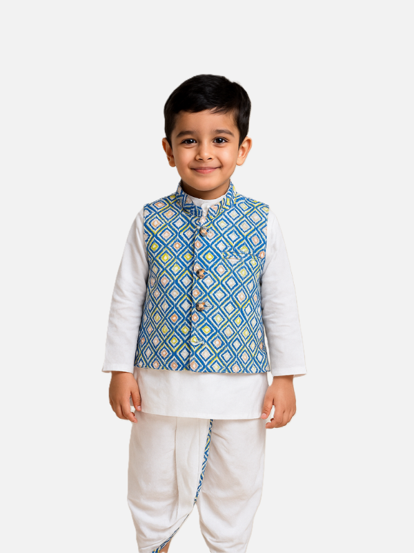 Boys Cotton Kurta Pyjama Set with Printed Nehru Jacket