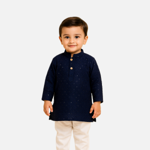 Boys navy blue embroidered kurta with white pyjama – festive ethnic outfit for toddlers and kids