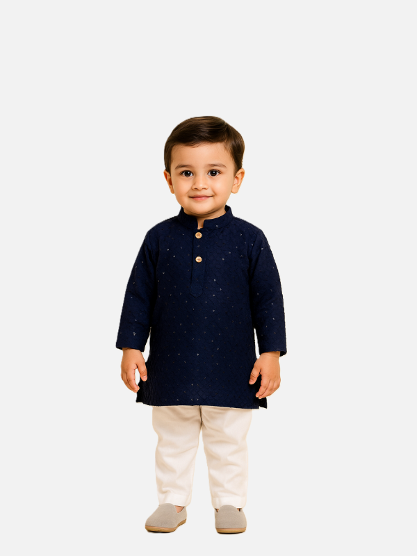Boys Navy Blue Cotton Kurta Pyjama Set