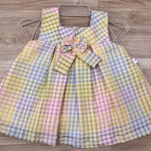 Pastel cotton frock with colorful checkered print and bow – newborn baby girl dress for 0-6 months