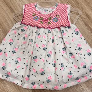 Newborn cotton frock with pink embroidered yoke and grey‑pink floral print
