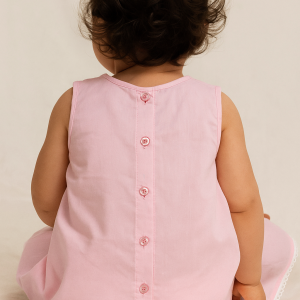 Back view of baby girl sleeveless cotton frock with pink buttons