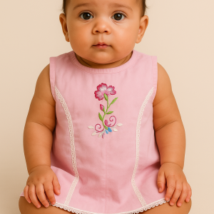Front view of newborn baby girl pink cotton frock with floral embroidery