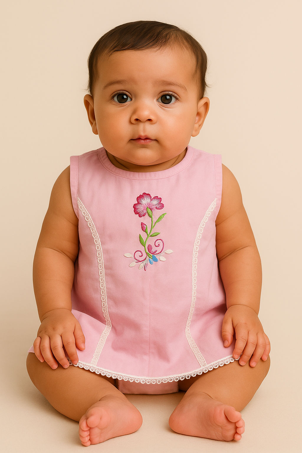 Newborn Baby Girl Cotton Frock – Pink Floral Embroidery