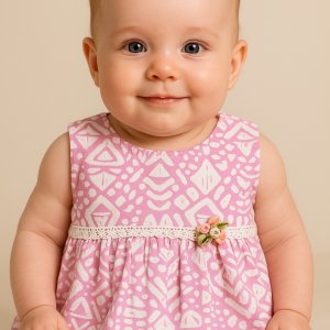 Front view of newborn girl cotton frock in tribal pink print with lace and flower bow