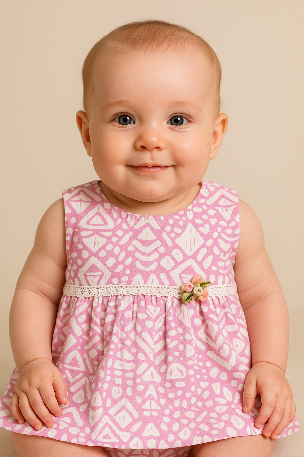 Newborn Baby Girl Cotton Frock – Tribal Pink Print with Lace & Flower Bow