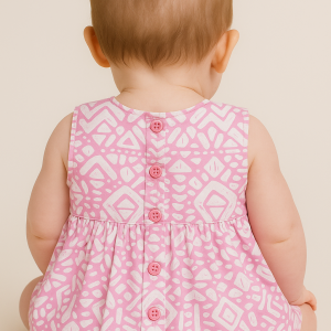 Sleeveless pink cotton baby dress with geometric print and waist floral accent