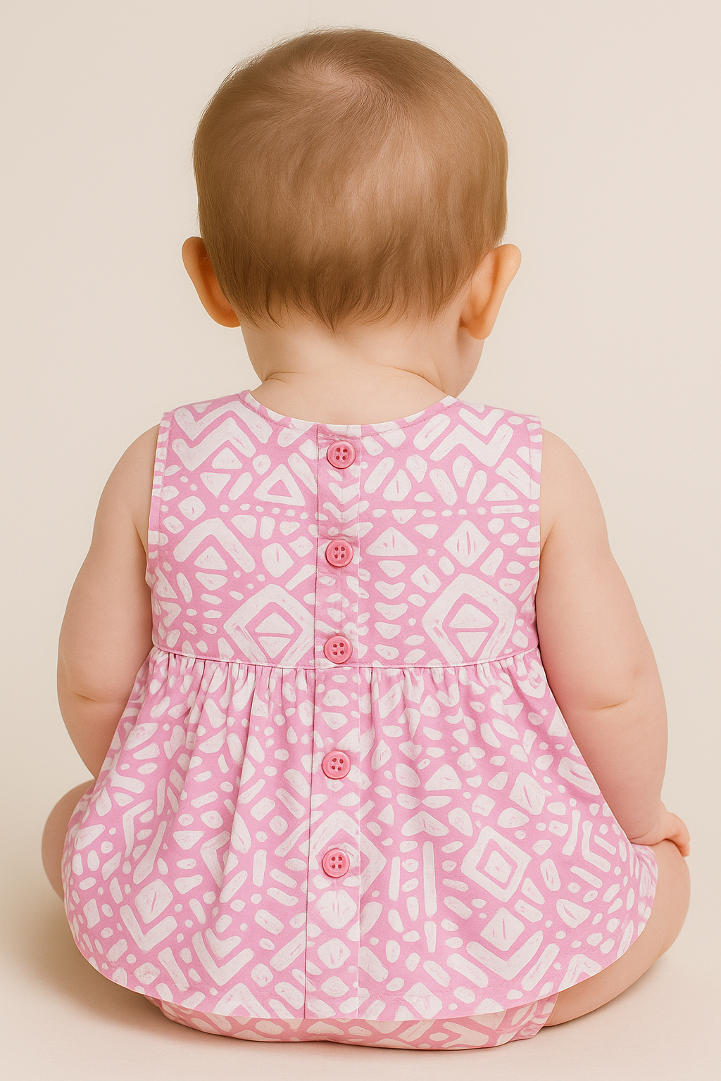 Newborn Baby Girl Cotton Frock – Tribal Pink Print with Lace & Flower Bow