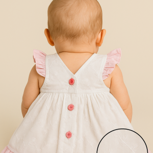White and pink newborn baby girl frock with bows and ruffle detailing, for ages 0–6 months