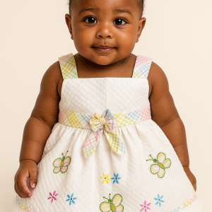 White newborn cotton frock with rainbow plaid straps, bow, and butterfly embroidery