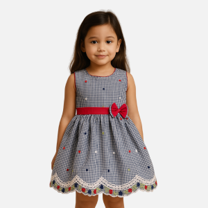 Navy gingham cotton frock for baby girls with red waist bow and floral hem embroidery – sizes 6 months to 3 years