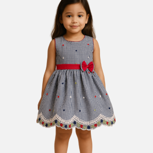 Navy gingham cotton frock for baby girls with red waist bow and floral hem embroidery – sizes 6 months to 3 years