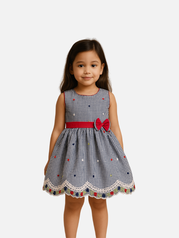 Navy Gingham Cotton Frock for Baby Girls with Red Bow