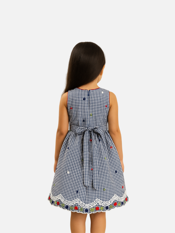 Navy Gingham Cotton Frock for Baby Girls with Red Bow
