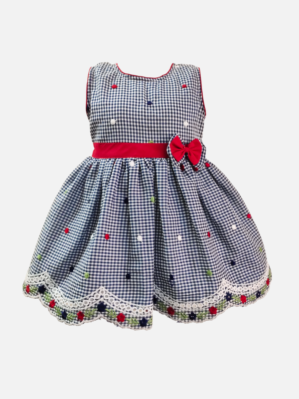 Navy Gingham Cotton Frock for Baby Girls with Red Bow