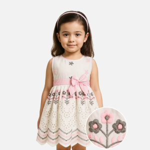 Front view of white infant frock with pink bow and floral embroidery