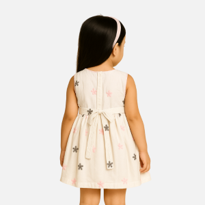 Back view of white cotton frock with pink and grey floral embroidery for infants