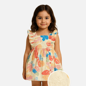 Front view of a toddler girl wearing a tropical leaf print cotton frock with ruffle sleeves and pink buttons