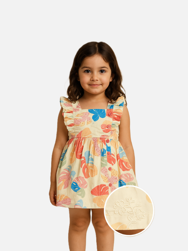 Front view of a toddler girl wearing a tropical leaf print cotton frock with ruffle sleeves and pink buttons