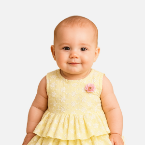 Newborn baby girl yellow cotton frock with white floral embroidery and pink flower brooch – 0-6 months