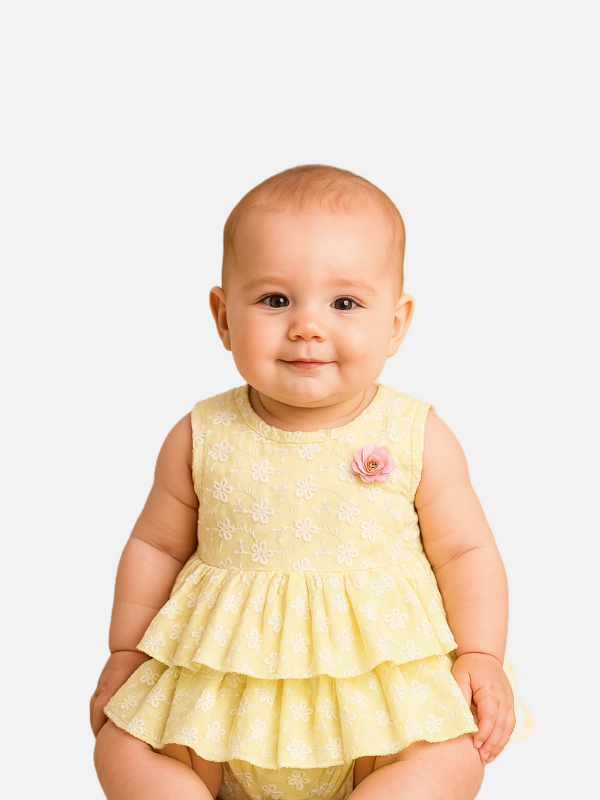Soft Yellow Newborn Baby Girl Cotton Frock with Floral Embroidery