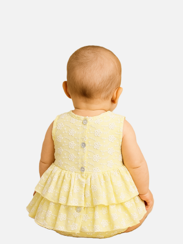 Soft Yellow Newborn Baby Girl Cotton Frock with Floral Embroidery