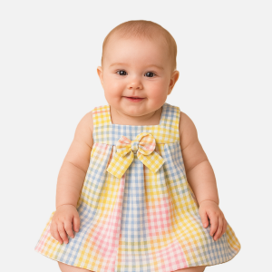 Pastel check cotton frock for baby girls 0–6 months with a front bow – breathable newborn summer dress