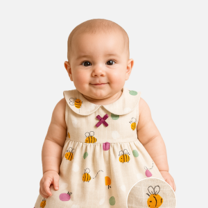 Smiling baby wearing a soft cotton bee print frock – perfect for 0-6 month infants