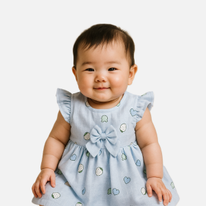 Soft blue baby frock with strawberries and hearts print – cotton newborn dress with bo