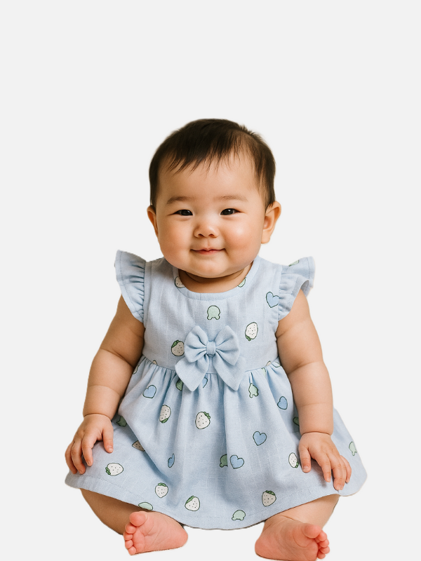 Pastel Blue Cotton Frock for Newborns – Strawberry & Heart Print with Bow