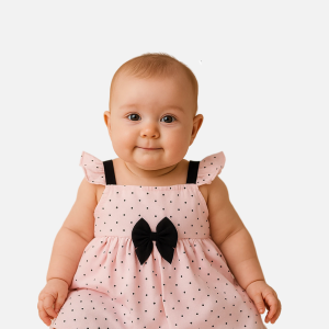 Newborn Pink Polka Dot Cotton Frock with Black Bow – 0-6 Months | Bumps to Bigs
