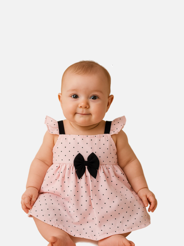 Newborn Pink Polka Dot Cotton Frock with Black Bow – 0-6 Months | Bumps to Bigs