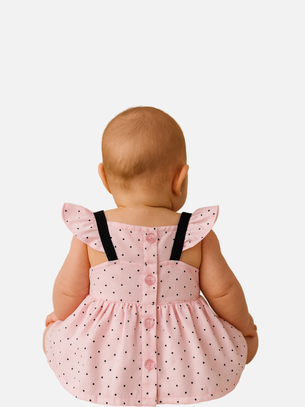 Newborn Pink Polka Dot Cotton Frock with Black Bow