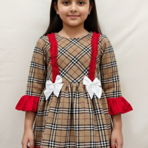 Beige Plaid Ruffle Dress with Red Accents