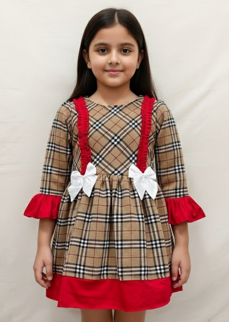 Beige Plaid Ruffle Dress with Red Accents