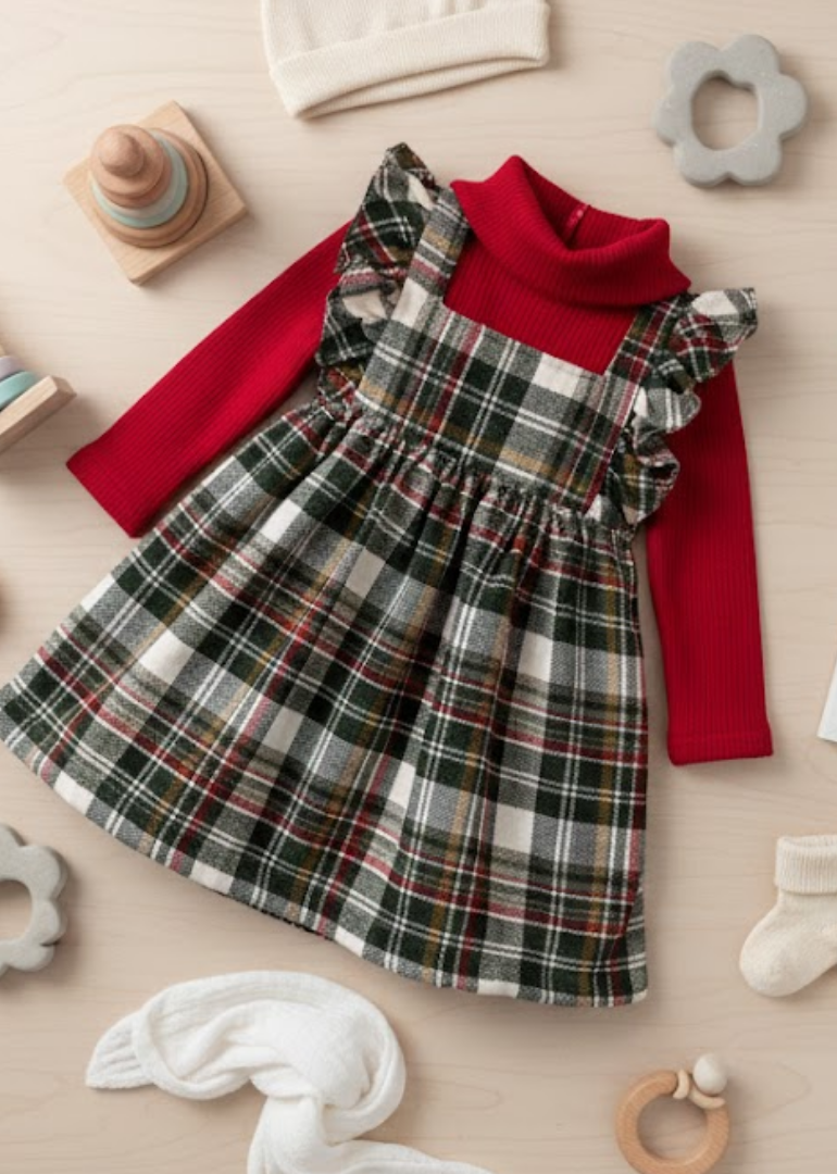 Classic Red Plaid Pinafore & Ruffle Knit Set