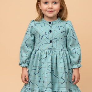 Mist Blue Geometric Print Ruffle Dress