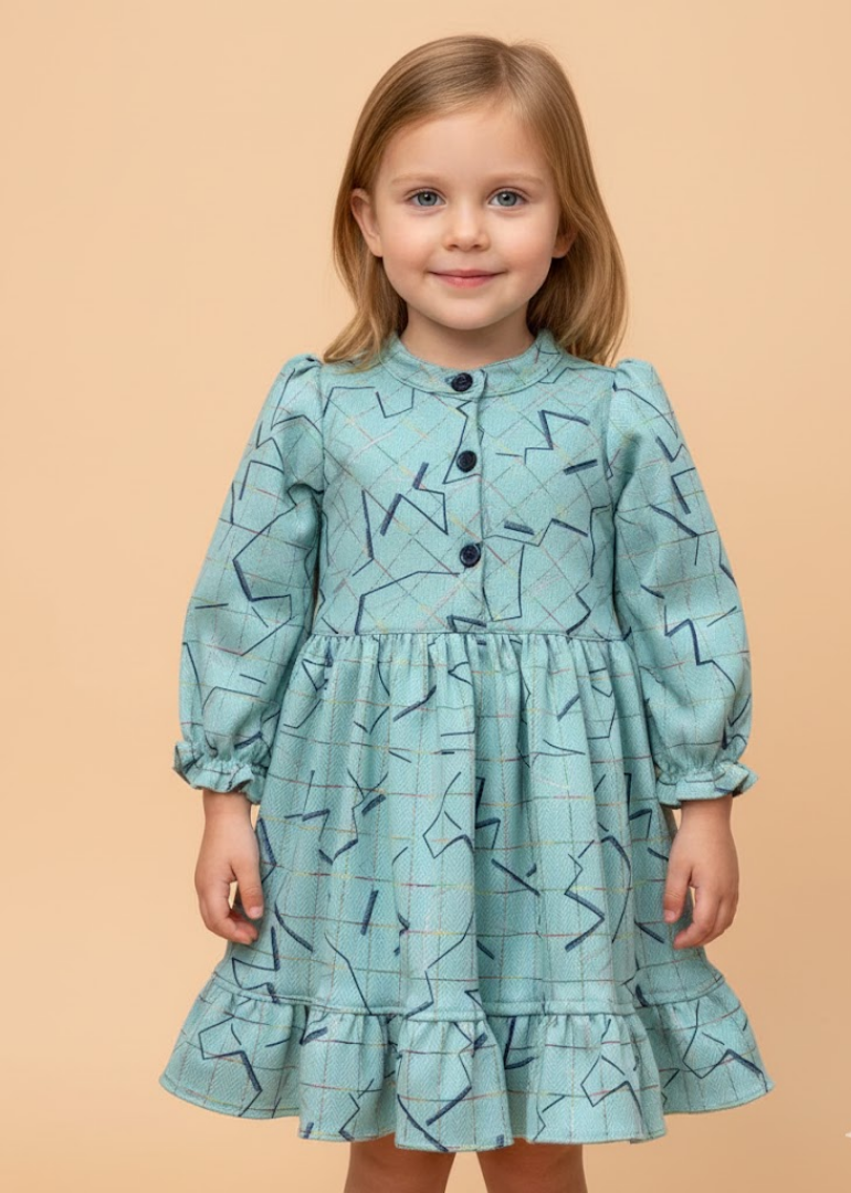 Mist Blue Geometric Print Ruffle Dress