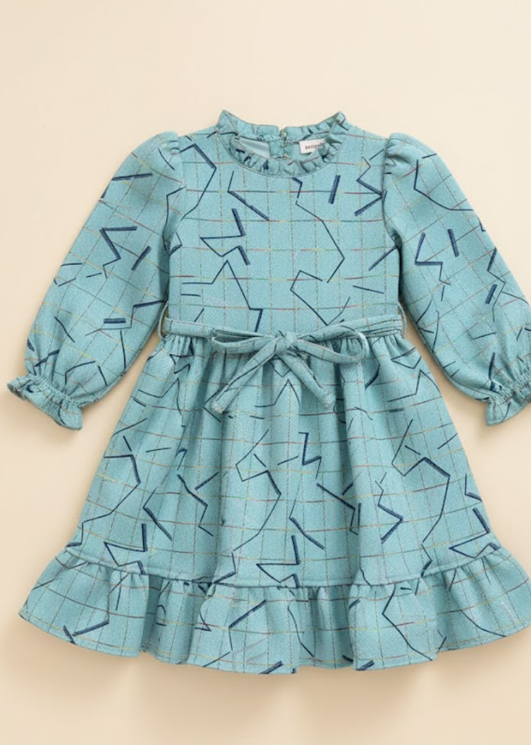 Mist Blue Geometric Print Ruffle Dress
