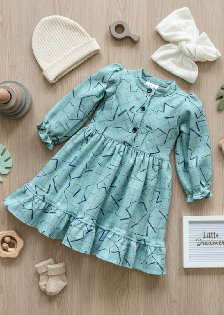 Mist Blue Geometric Print Ruffle Dress