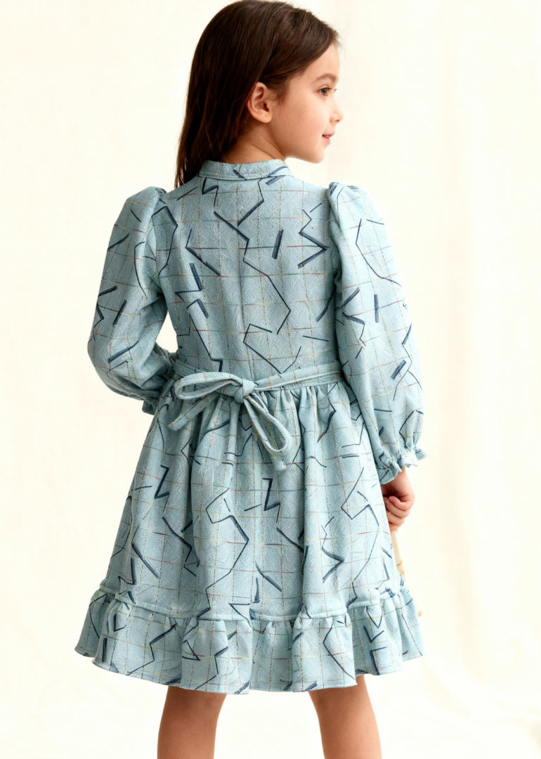 Mist Blue Geometric Print Ruffle Dress