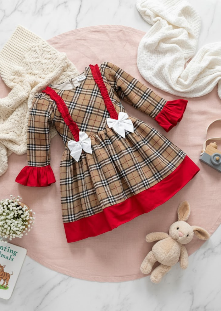 Beige Plaid Ruffle Dress with Red Accents