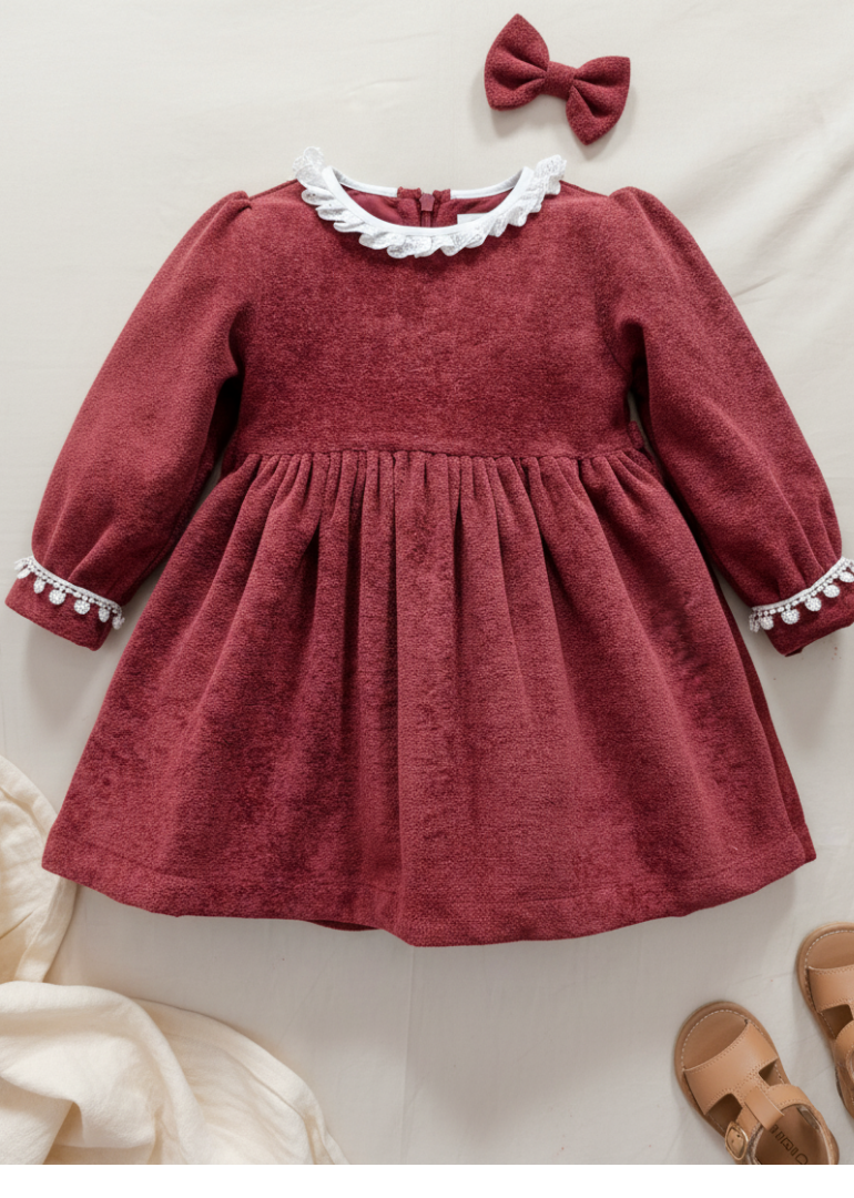 Burgundy/Brown Ruffle Collar Dress with Pom-Pom Trim