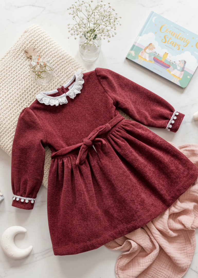 Burgundy/Brown Ruffle Collar Dress with Pom-Pom Trim