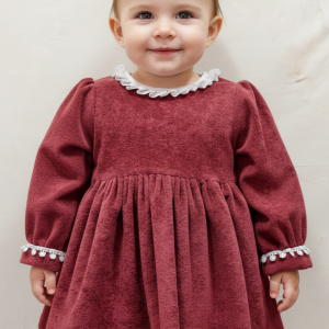 Burgundy/Brown Ruffle Collar Dress with Pom-Pom Trim