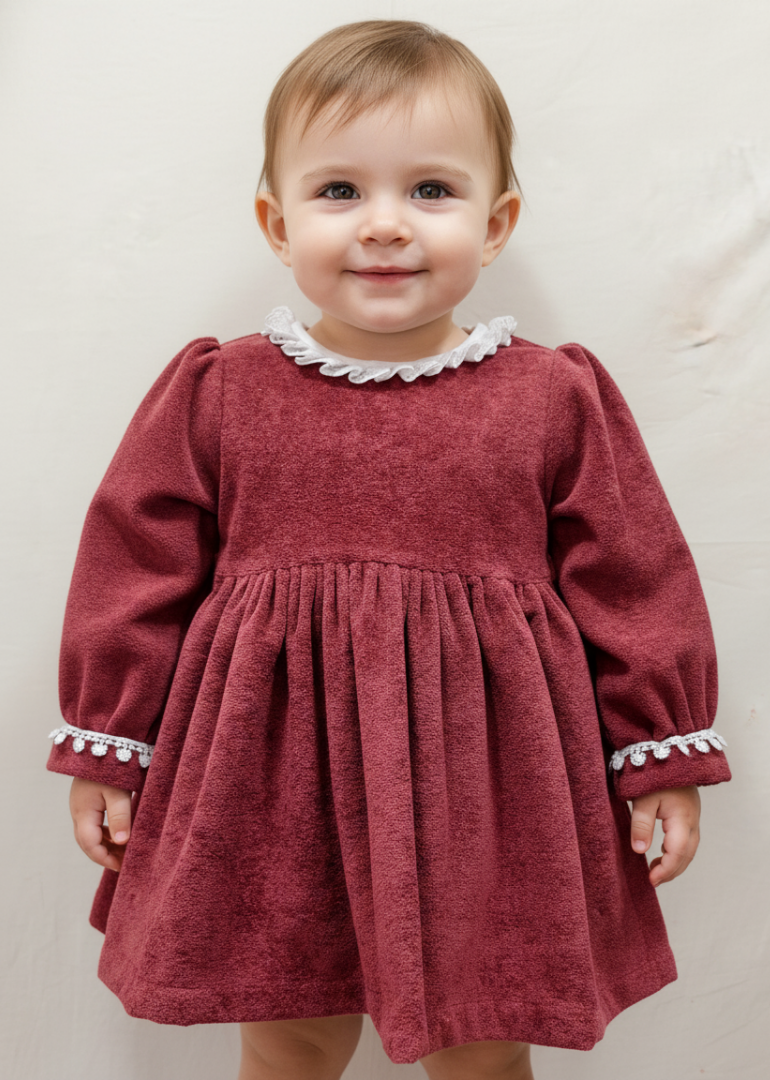 Burgundy/Brown Ruffle Collar Dress with Pom-Pom Trim