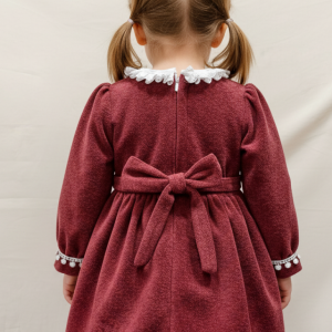 Burgundy/Brown Ruffle Collar Dress with Pom-Pom Trim